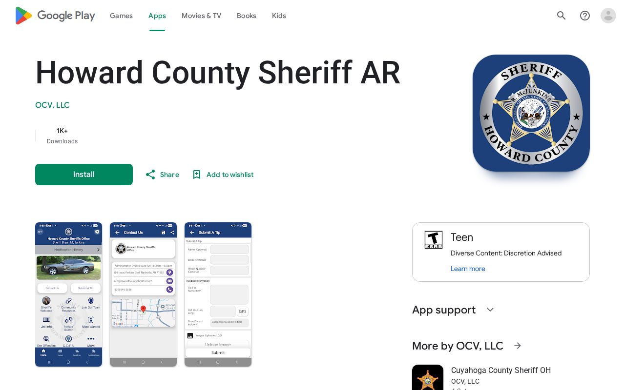 Howard County Sheriff AR Android app listing for local booking searches
